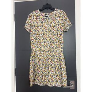 Gap Womens Floral Smocked Waist Mini Dress XL Yellow Red Short Sleeve V-Neck